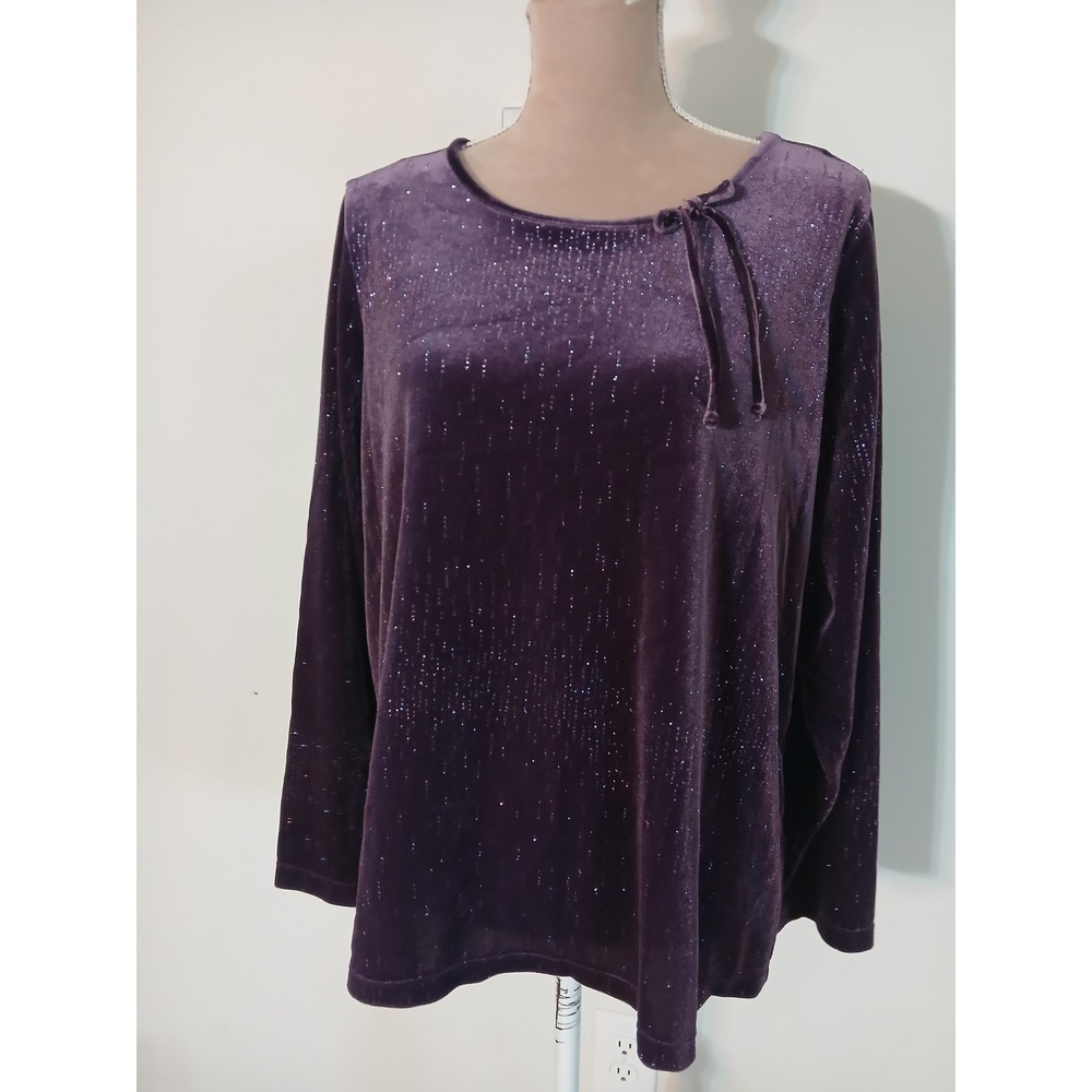 Notations Woman Purple Glitter Velvet Top Plus Size 18/20W Long Sleeve Holiday